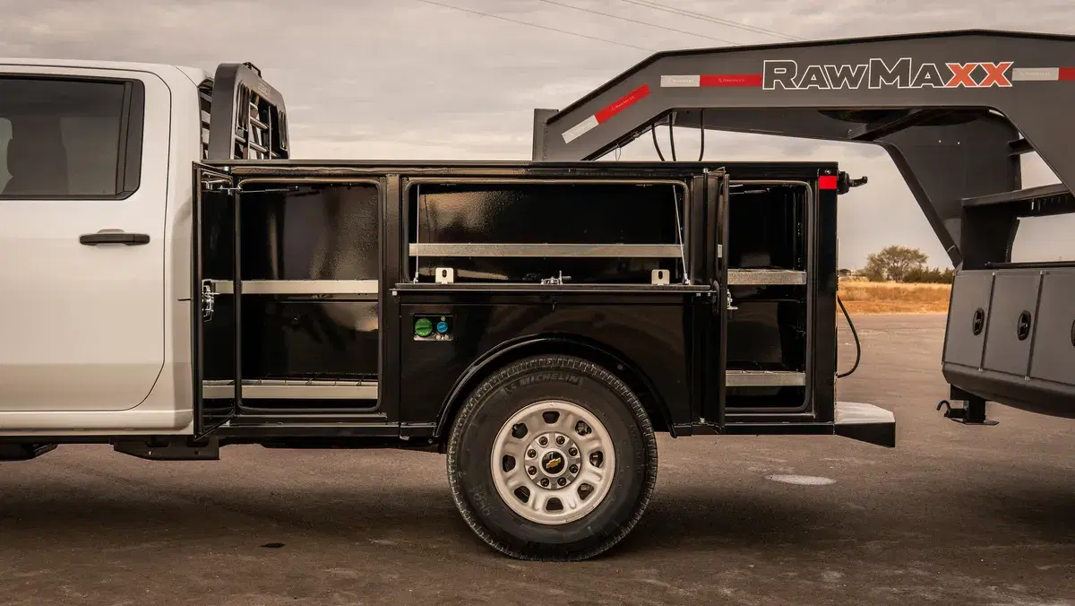 Titan service body with toolboxes open, showing the included shelving