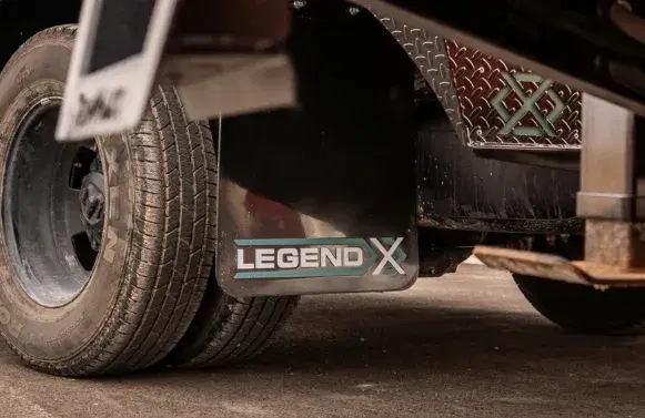 Legend X logo mudflap fitted behind a dually wheel